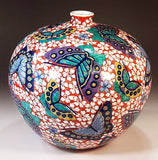 Fujii Kinsai Arita Japan - Somenishiki Sakura & butterfly Vase 21.00 cm - Free Shipping