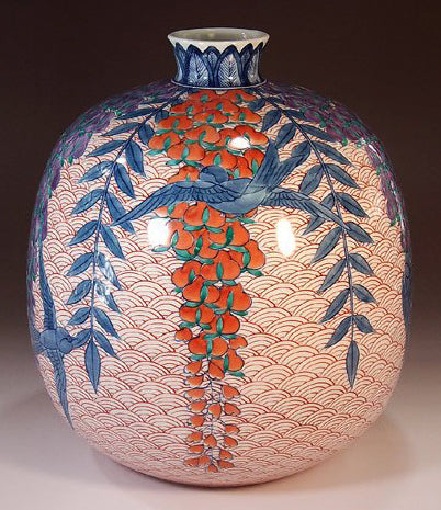 Fujii Kinsai Arita Japan - Somenishiki Seigaiha swallow and wisteria Vase  24.50 cm - Free Shipping