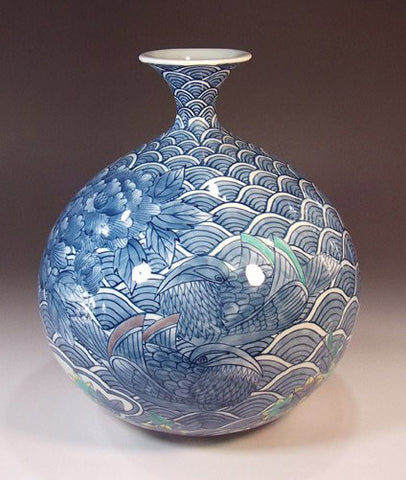Fujii Kinsai Arita Japan - Somenishiki  Seigaiha  Oshidori  Botan (Mandarin duck &  peony ) vase 25.50 cm - Free Shipping