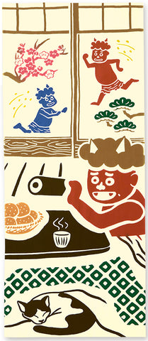 Kenema  - 50278  Demons and Ehomaki  鬼と恵方巻   Japanese Tradition Cotton Towel (The dyed Tenugui)