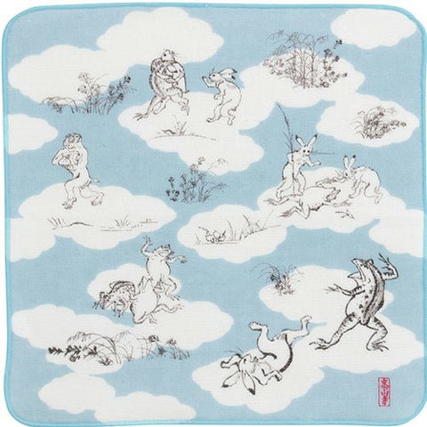 Chojyugiga - blue  鳥獣人物戯画 ガーゼタオルハンカチ 相撲 ブルー - Gauze Towel (Handkerchief)
