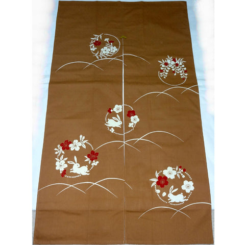 Kyoto Noren (Doorway curtain) 85 cm X 150 cm  - Rabbit & Flower  (Beige) - Free Shipping