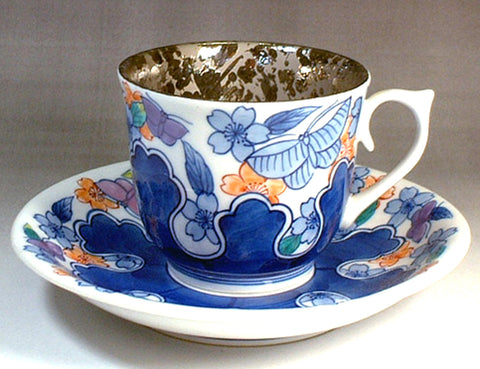 Fujii Kinsai Arita Japan - Somenishiki Platinum Sakura & Butterfly Cup & Saucer - Free Shipping