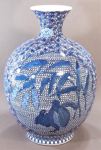 Fujii Kinsai Arita Japan - Somenishiki Karakusa Peony & Uzura (Quail) Vase 44.50 cm  - Free Shipping