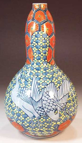 Fujii Kinsai Arita Japan - Somenishiki Kinsai Kikko Monyou Plum & Sagi Vase 23.20 cm - Free Shipping