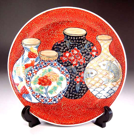 Fujii Kinsai Arita Japan - Somenishiki Kinsai Full of Vase Ornamental plate 19.80 cm - Free Shipping