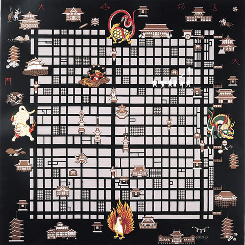 Yu-Soku - Kyoto Rakuchu Rakugaizu Black   京都 −洛中洛外図− - Furoshiki 50 x 50 cm