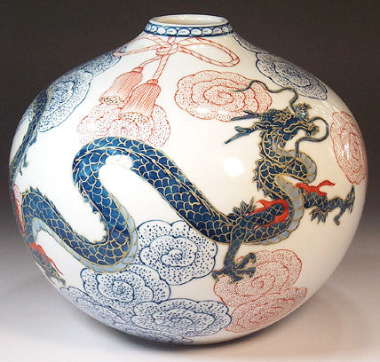 Fujii Kinsai Arita Japan - Somenishiki Kinsai Hanamusubi Rise Dragon Vase 17.00 cm - Free Shipping