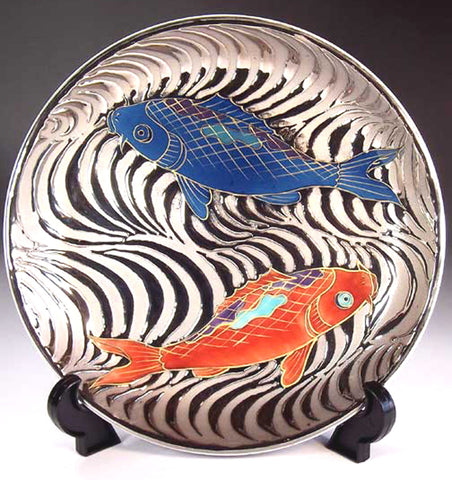 Fujii Kinsai Arita Japan - Somenishiki Platinum Carp Ornamental plate 19.80 cm  - Free Shipping