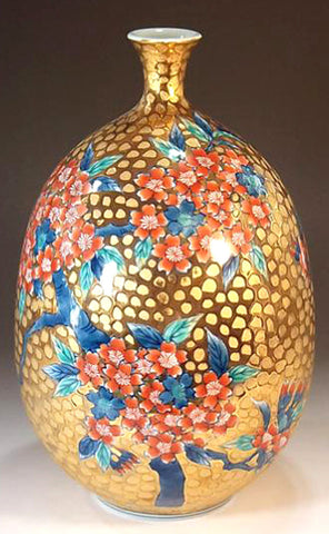Fujii Kinsai Arita Japan - Somenishiki Golden Sakura Vase 27.50 cm - Free Shipping