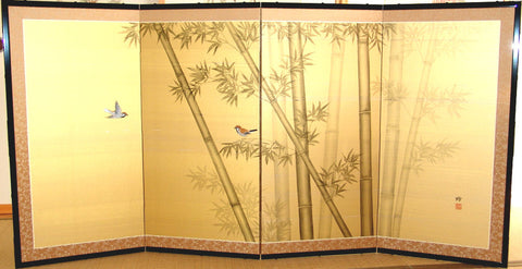 Ezaki Junzo - Japanese Traditional Hand Paint Byobu (Gold Silk Folding Screen) - X145 - Free Shipping