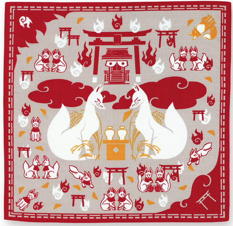 Kenema -  Hyaku Sen Kitsune Inari 百千狐稲荷 Furoshiki 50cm  (Japanese Wrapping Cloth)