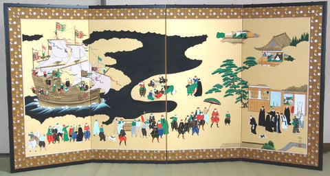 Matsui Shoun - Japanese Traditional Hand Paint Byobu (Gold Silk Folding Screen) - X169 - Free Shipping