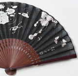 Traditional handcrafted Kyoto Sensu (folding fan)- Ito Jakuchu Genpo Youka　伊藤若冲の拓版画集 　「玄圃瑤華」 - Black