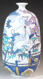 Fujii Kinsai Arita Japan - Somenishiki  Pine, bamboo, plum & crane  decorative painted vase 22.50 cm　染錦松竹梅鶴絵飾り花瓶　 - Free Shipping