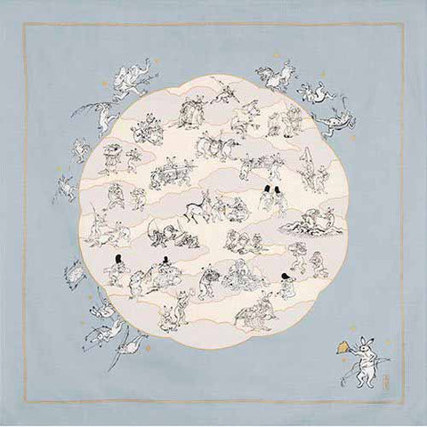 Cho Jyu Jinbutsu Giga  Hasu no ha (Lotus Leaf Turquoise) (鳥獣人物戯画)  100 鳥獣人物戯画 蓮の葉  グレー  20831-302  - Furoshiki 100 x 100 cm