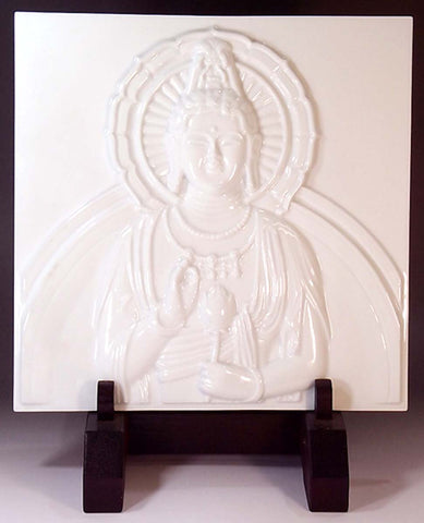 Fujii Kinsai Arita Japan - White porcelain plaque carved with an image of Avalokitesvara Bodhisattva (Kannon) 白磁観世音菩薩彫り陶板 - Free Shipping - Free Shipping