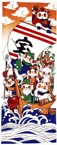 Lucky Cat  福まねき猫 - Seven Lucky Cats   七福猫 (Shichifuku Neko) - Japanese Tradition Cotton Towel (The dyed Tenugui) - 34cm x 90cm
