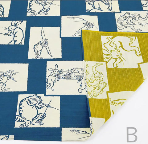 Choju Giga 鳥獣戯画 - Ichimatsu/Blue x Yellow B   市松／青×黄Ｂ  - Double-sided furoshiki (wrapping cloth) - Furoshiki (Japanese Wrapping Cloth)　50 x 50 cm 　　
