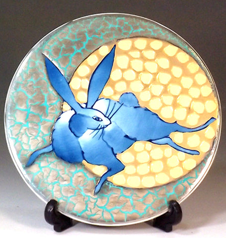 Fujii Kinsai Arita Japan - Somenishiki Golden & Platinum  Full Moon Rabbit  Ceramic panel painting   黄金・プラチナ彩満月兎絵陶板画 - Free Shipping