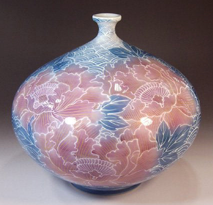 Fujii Kinsai Arita Japan - Somenishiki Kinsai Yurikou Seigaiha & Peony Vase 23.00 cm - Free Shipping