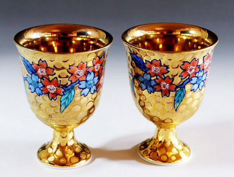 Fujii Kinsai Arita Japan - Somenishiki Golden Sakura Wine Cup  (pair set) - Free shipping