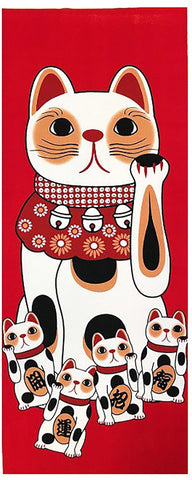 Lucky Cat  福まねき猫 - Maneki-neko (red)　招き猫（赤） - Japanese Traditional Cotton Towel (The dyed Tenugui) - 34cm x 90cm