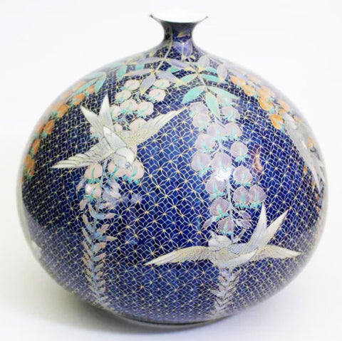 Fujii Kinsai Arita Japan - Kinran Fuji Tsubame (Wisteria and  Swallow)  vase 23.70 cm  (Superlative Collection) - Free Shipping