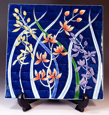 Fujii Kinsai Arita Japan - Somenishiki  Painting of Orchid ceramic plate picture  染錦蘭絵陶板画 20.00 cm X 20.00 cm  　  - Free Shipping