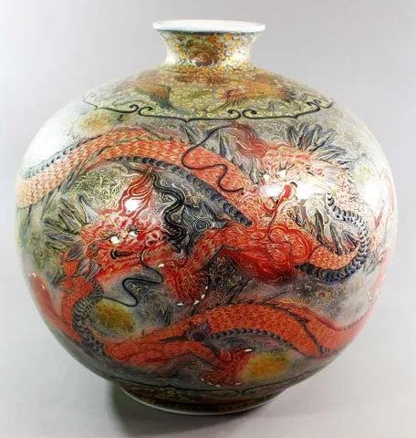 Fujii Kinsai Arita Japan - Yurisai Kinran Rise Dragon Ornamental vase 29.00 cm (Superlative Collection) 金襴手様式釉裏彩吉祥龍絵花瓶  - Free Shipping