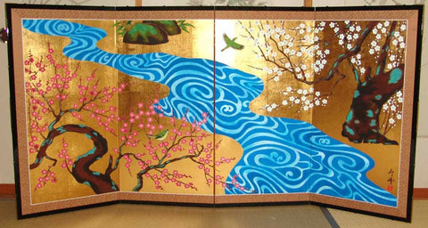 Japanese Traditional Hand Paint Byobu (Gold Leaf Folding Screen) -X-154 - Free Shipping