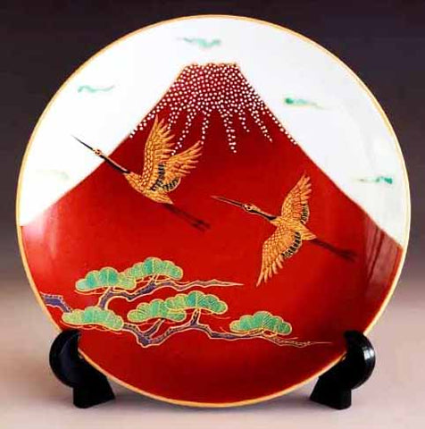 Fujii Kinsai Arita Japan - Shinshayu Kinsai Mt. Fuji & Crain Ornamental plate 19.00 cm 辰砂釉金彩吉祥赤富士山松鶴絵飾り皿（径19ｃｍ）➁  - Free Shipping