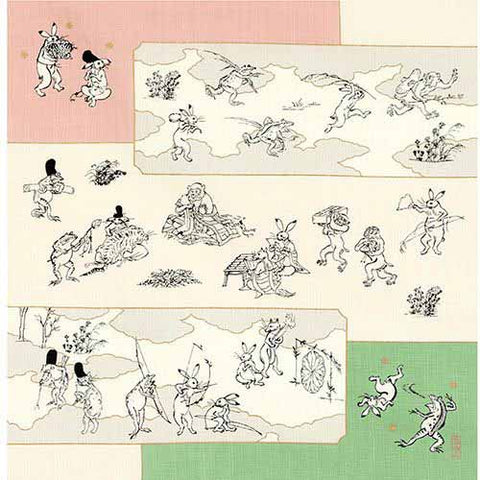 Cho Jyu Jinbutsu Giga Emaki (Choju Jinbutsu Giga Picture Scroll)  鳥獣人物戯画 絵巻 グリーン ピンク  20832-101 - Furoshiki 50 x 50 cm