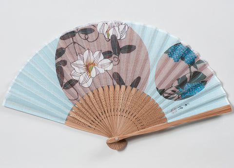 Traditional handcrafted Kyoto Sensu (folding fan) - Ito Jakuchu 伊藤若冲 「花卉天井画」- Tessen & Ajisai - Blue