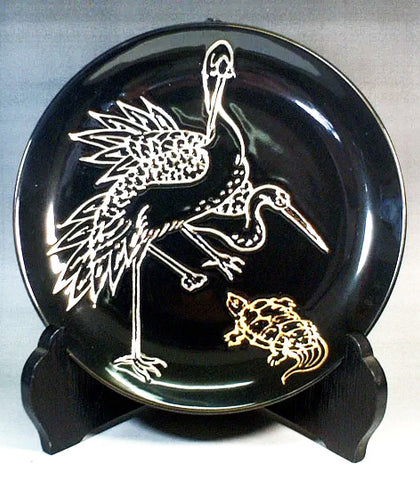 Fujii Kinsai Arita Japan - Tenmokuyu Platinum  Painting of Cranes and turtle Ornamental Plate 19.00 cm    天目プラチナ彩鶴亀絵飾り皿（径１９ｃｍ） - Free Shipping