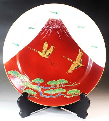 Fujii Kinsai Arita Japan - Shinshayu Kinsai a painting of an auspicious red Fuji mountain , crane and pine  Ornamental plate 36.10 cm  辰砂釉金彩吉祥赤富士山松絵飾り大皿（径36.1ｃｍ）  - Free Shipping