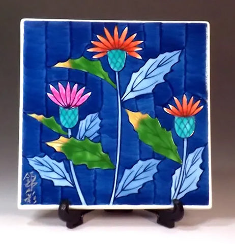 Fujii Kinsai Arita Japan - Somenishiki Thistle (Azami)  Ceramic panel painting  染錦薊絵陶板画 - Free Shipping