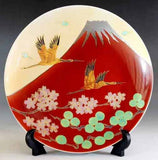 Fujii Kinsai Arita Japan - Shinshayu Kinsai Mt. Fuji ,Crain, Sakura and Pine Ornamental plate 26.50 cm ⓶  辰砂釉金彩赤富士山鶴松桜絵飾り大皿（径26.5ｃｍ）⓶  - Free Shipping