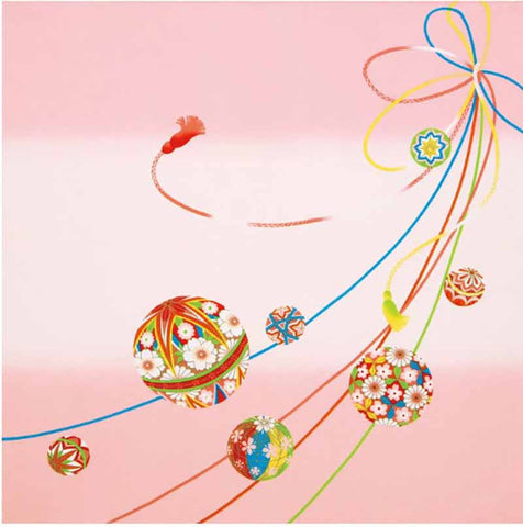 Chirimen Sansaku Furoshiki 100% silk  - Mari Himo (Ball string)  まり紐 - Furoshiki (Japanese Wrapping Cloth)　68 x 68 cm 正絹さざ波ちりめん友仙ふろしき　