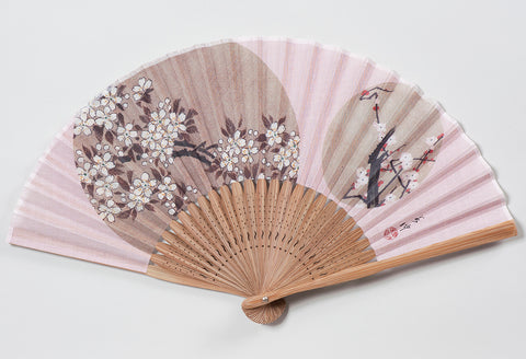 Traditional handcrafted Kyoto Sensu (folding fan) - Ito Jakuchu 伊藤若冲 「花卉天井画」- Sakura & Plum - Pink