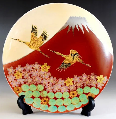 Fujii Kinsai Arita Japan - Shinshayu Kinsai Mt. Fuji ,Crain, Sakura and Pine Ornamental plate 26.50 cm ⓷  辰砂釉金彩赤富士山鶴松桜絵飾り大皿（径26.5ｃｍ）⓷  - Free Shipping