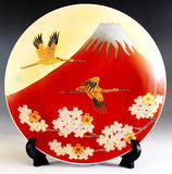 Fujii Kinsai Arita Japan - Shinshayu Kinsai Mt. Fuji ,Crain, Sakura Ornamental plate 26.50 cm  ⓷  辰砂釉金彩赤富士山鶴桜絵飾り大皿（径26.5ｃｍ）⓷- Free Shipping (Copy)