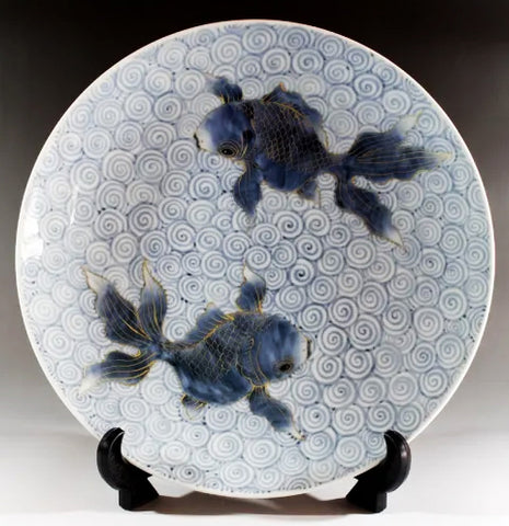 Fujii Kinsai Arita Japan - Kosometsuke kinsai Kingyo (Gold Fish) Ornamental plate 30.50 cm   古染付金彩金魚絵飾り大皿（径30.5ｃｍ）  - Free Shipping