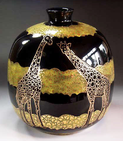 Fujii Kinsai Arita Japan - Tenmokuyu Kinsai Giraffe vase 23.80 cm  - Free Shipping