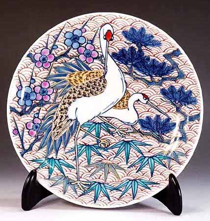 Fujii Kinsai Arita Japan - Somenishiki  Gold & Platinum   Painting of Pine, Bamboo, Plum, and Crane  Ornamental plate 19.00 cm  染錦金・プラチナ彩松竹梅鶴絵飾り皿（径19ｃｍ）  - Free Shipping