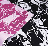 DOTCH DOTCH（どっちどっち) - Cat Puzzle/Black x Cosmos  A  キャットパズル／黒×コスモス色 Ａ  - Furoshiki 50 x 50 cm