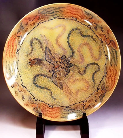 Fujii Kinsai Arita Japan - Yurisai Kinran Painting of a phoenix Ornamental plate 46.00 cm (Superlative Collection)  金襴手様式釉裏彩鳳凰絵飾皿 - Free Shipping