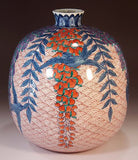 Fujii Kinsai Arita Japan - Somenishiki Seigaiha swallow and wisteria Vase  24.50 cm - Free Shipping