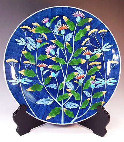 Fujii Kinsai Arita Japan - Somenishiki Thistle (Azami)  Ornamental plate 33.30 cm   染錦薊絵飾り大皿（径33.3ｃｍ）- Free Shipping