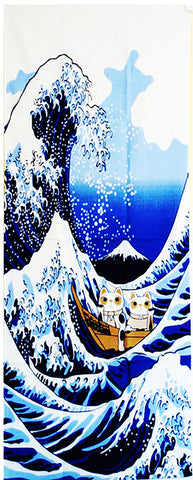 Lucky Cat  福まねき猫 - Wave Fuji  波富士 - Japanese Traditional Cotton Towel (The dyed Tenugui) - 34cm x 90cm